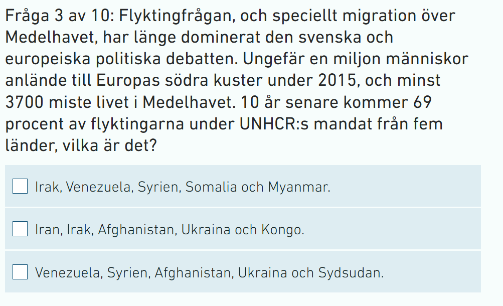 En bild av en fråga med quiz-svar
